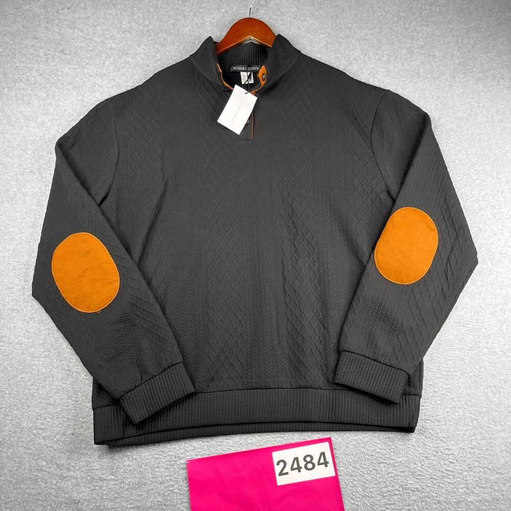 Cross & Crown Textured Sweater Black 3XL 1/4 Button Elbow Patch Casual Mens